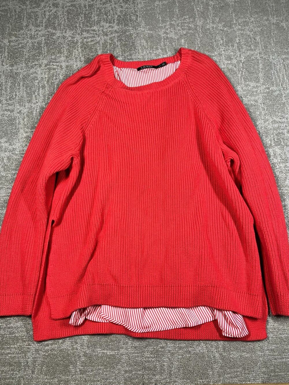 Lauren Ralph Lauren 3X Red Rib Knit Crewneck Faux Layered Striped Hem Sweater